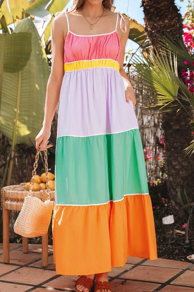Color Block Flowy Tiered Maxi Dress with Pockets.