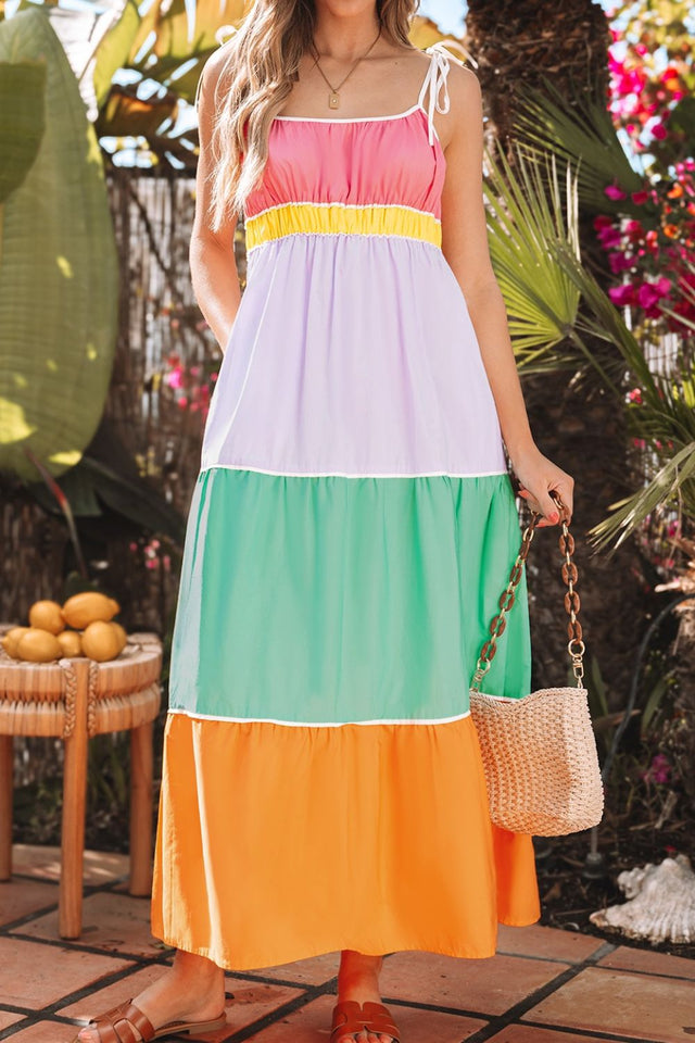 Color Block Flowy Tiered Maxi Dress with Pockets.