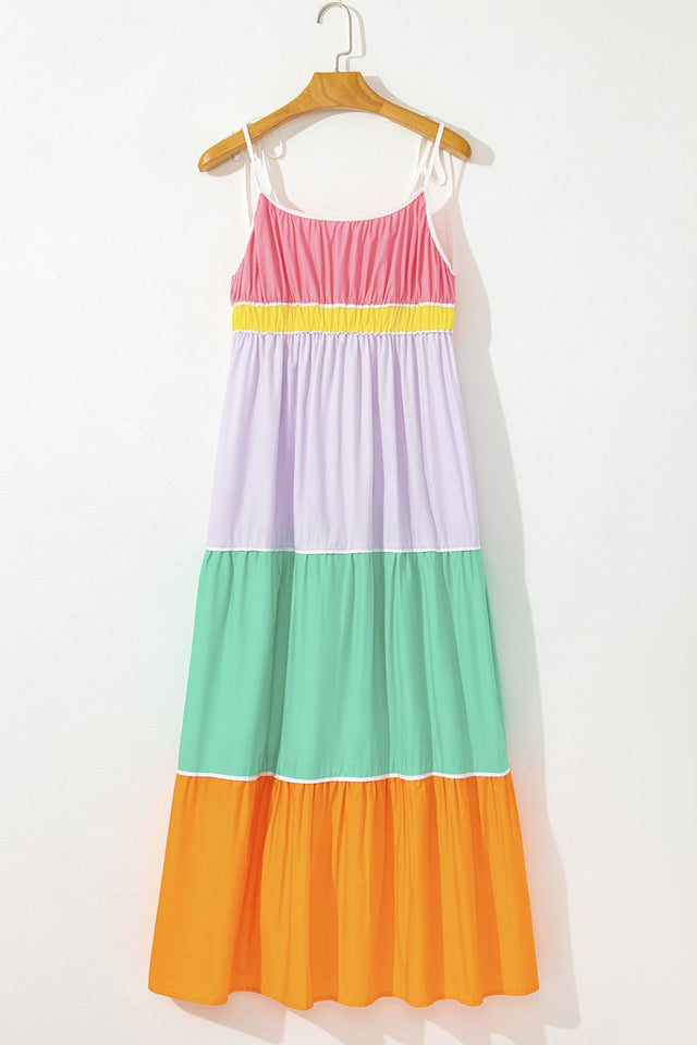 Color Block Flowy Tiered Maxi Dress with Pockets.