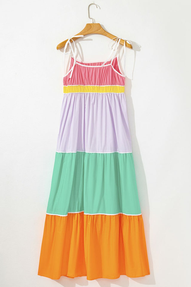 Color Block Flowy Tiered Maxi Dress with Pockets.