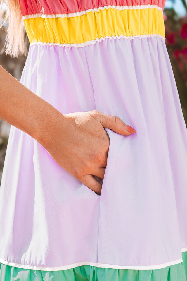 Color Block Flowy Tiered Maxi Dress with Pockets.