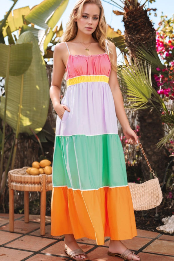 Color Block Flowy Tiered Maxi Dress with Pockets.