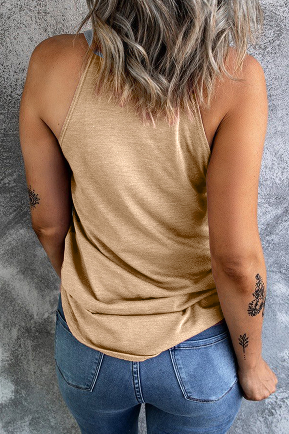 Color block Grecian neck tank, opaque.