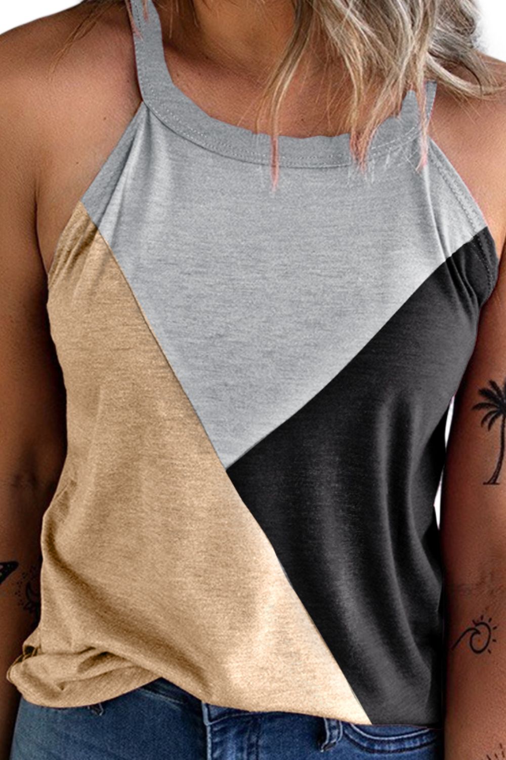 Color block Grecian neck tank, opaque.