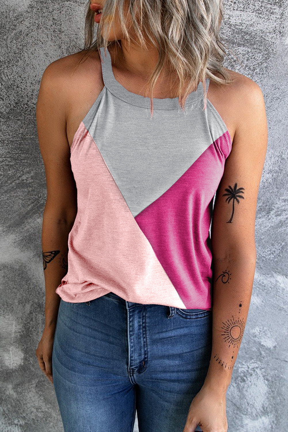 Color block Grecian neck tank, opaque.