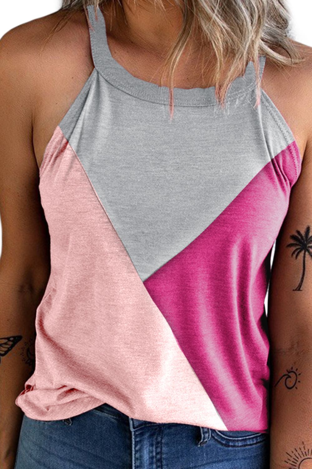 Color block Grecian neck tank, opaque.