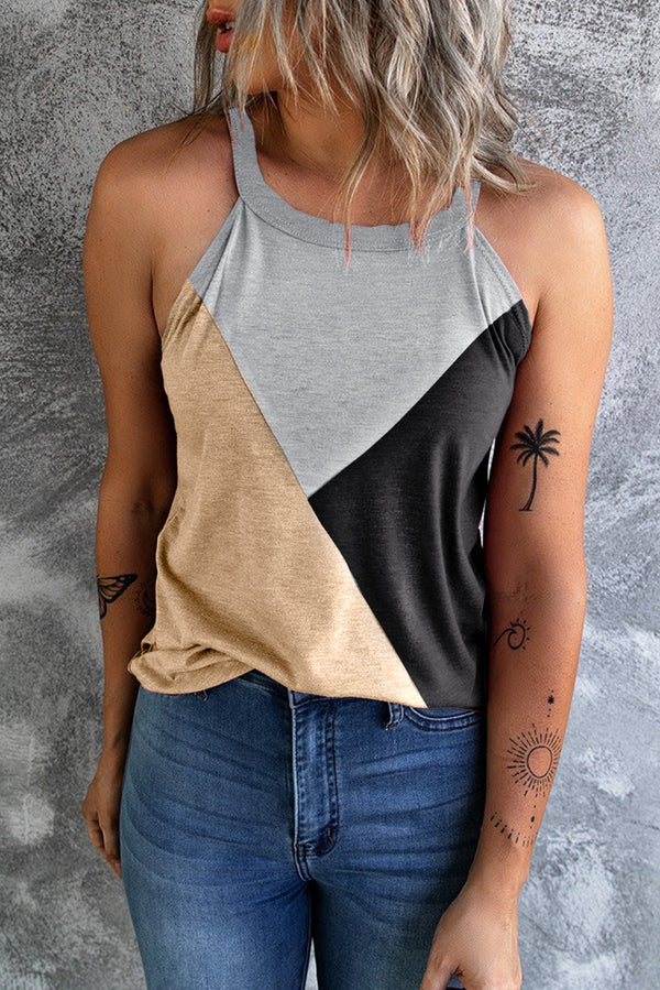 Color block Grecian neck tank, opaque.