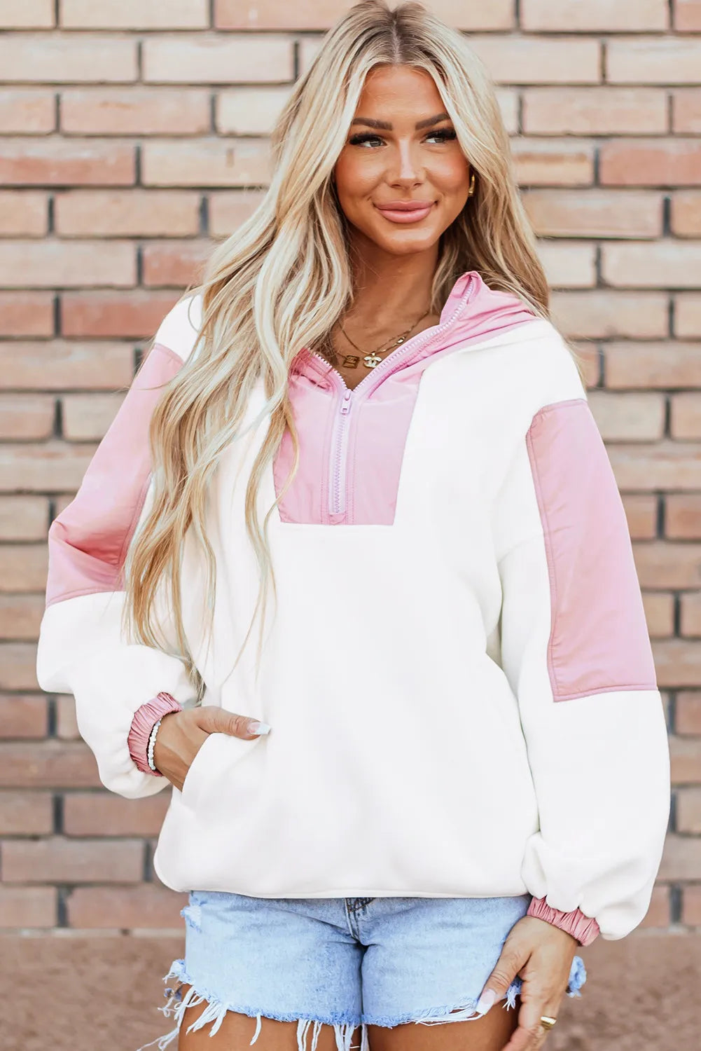 Color block half zip long sleeve hoodie.