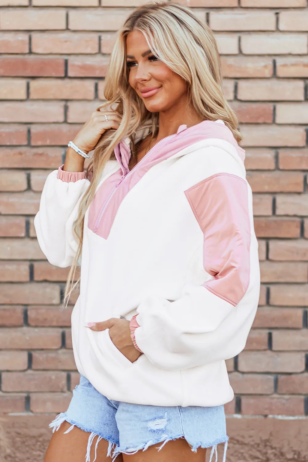Color block half zip long sleeve hoodie.