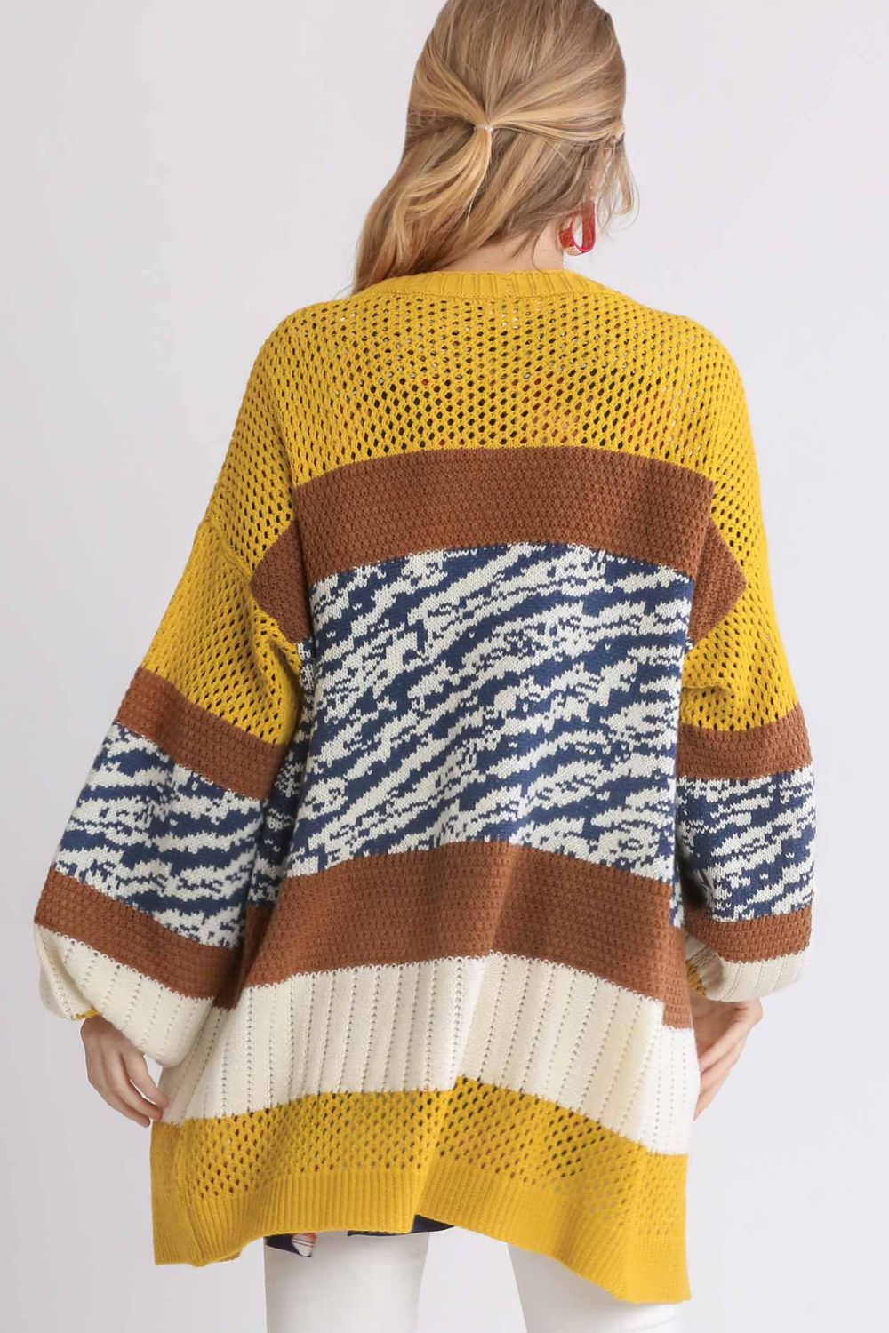 Plus size color block open front longline cardigan with ribbed openwork waffle-knit details.