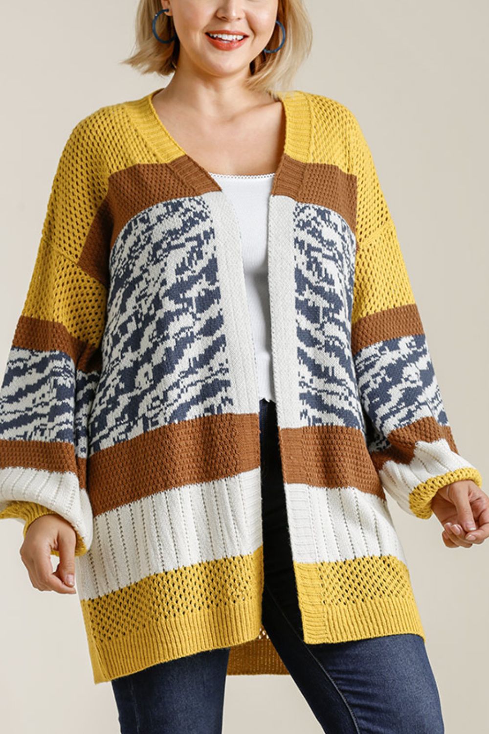 Plus size color block open front longline cardigan with ribbed openwork waffle-knit details.