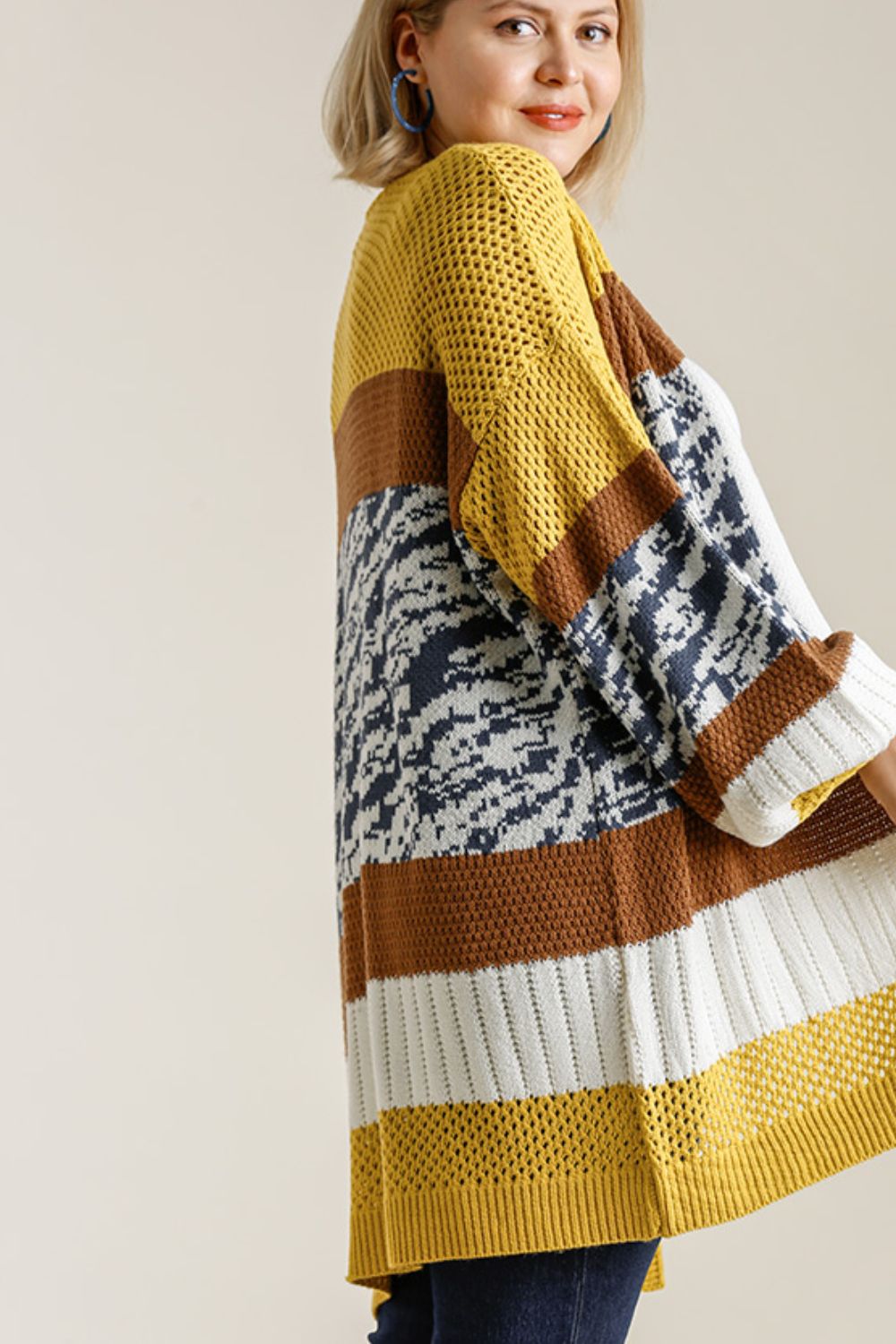 Plus size color block open front longline cardigan with ribbed openwork waffle-knit details.