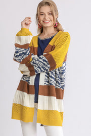 Plus size color block open front longline cardigan with ribbed openwork waffle-knit details.