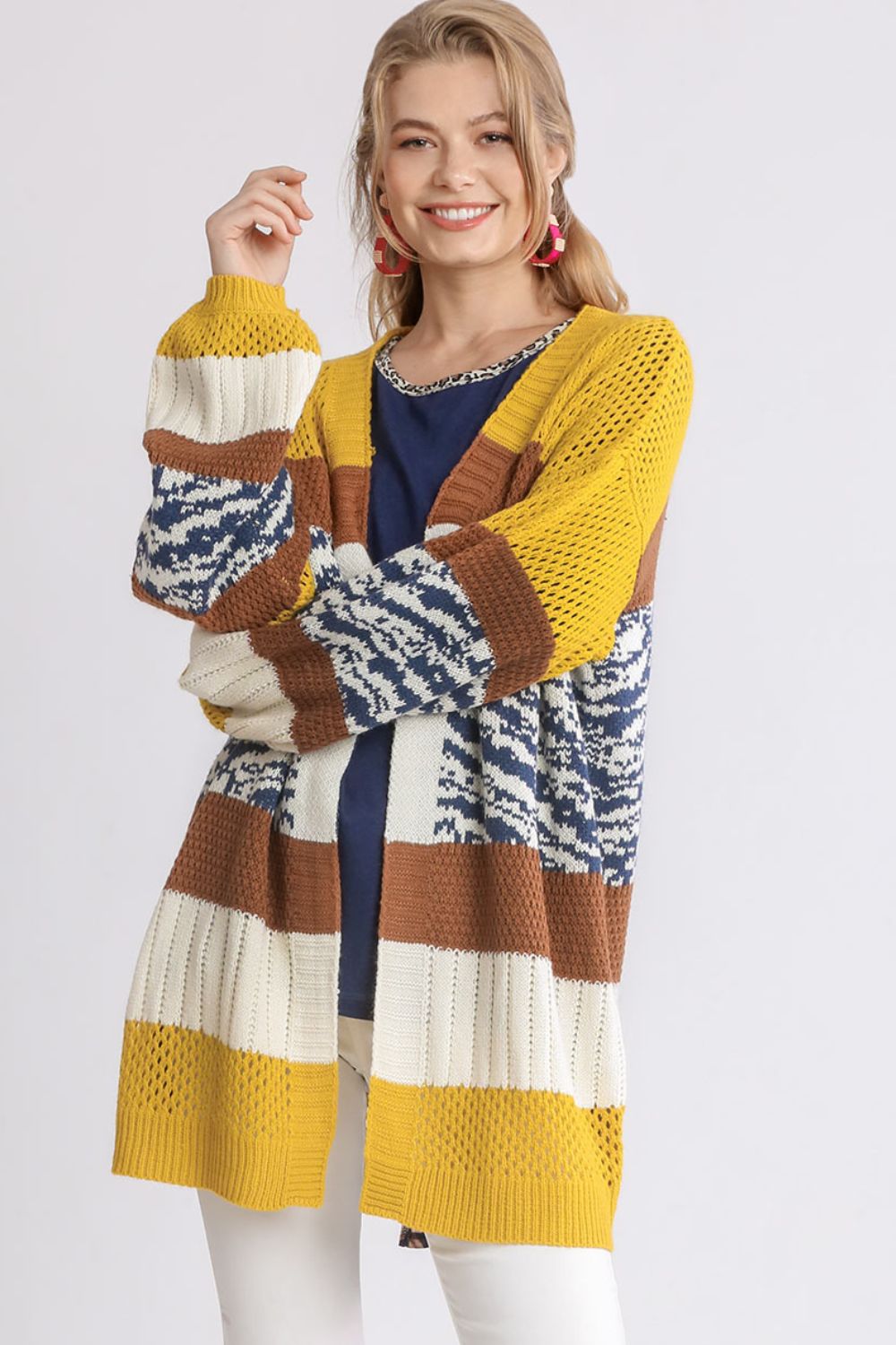 Plus size color block open front longline cardigan with ribbed openwork waffle-knit details.