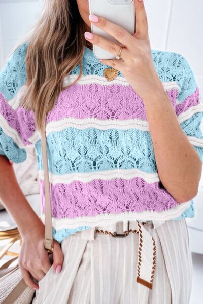 Color block openwork half sleeve sweater.