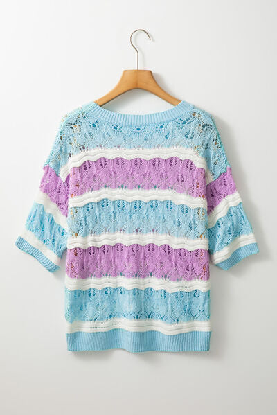 Color block openwork half sleeve sweater.