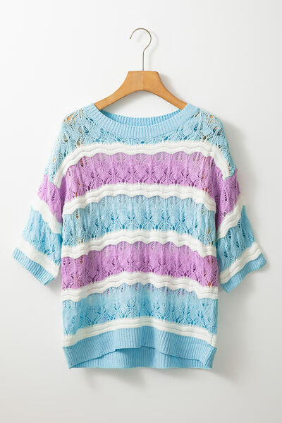 Color block openwork half sleeve sweater.