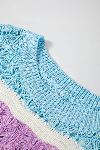 Color block openwork half sleeve sweater.