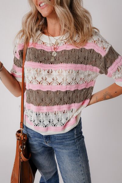 Color block openwork half sleeve sweater.