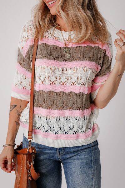 Color block openwork half sleeve sweater.