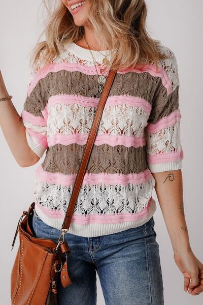 Color block openwork half sleeve sweater.