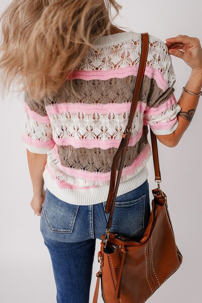 Color block openwork half sleeve sweater.