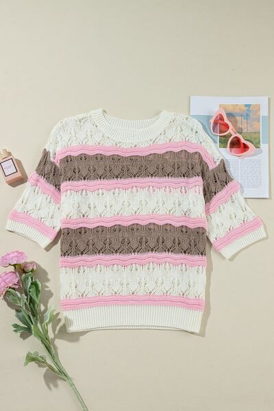 Color block openwork half sleeve sweater.