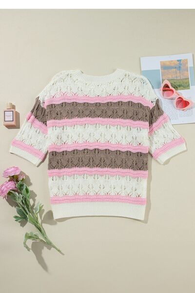 Color block openwork half sleeve sweater.