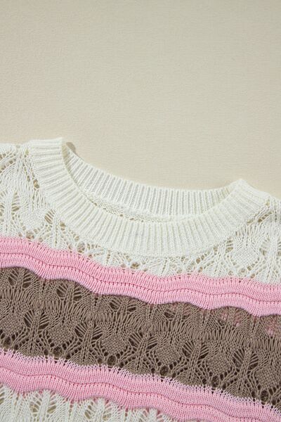 Color block openwork half sleeve sweater.