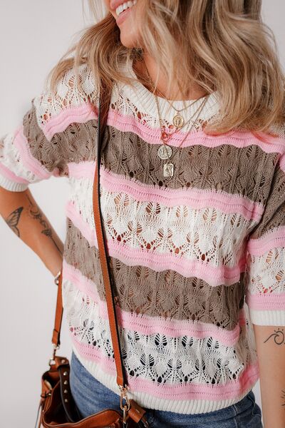 Color block openwork half sleeve sweater.