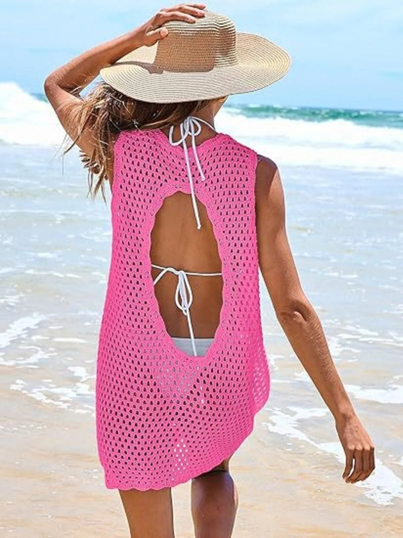 Color Block Openwork Sleeveless Cutout Back Cover-Up.