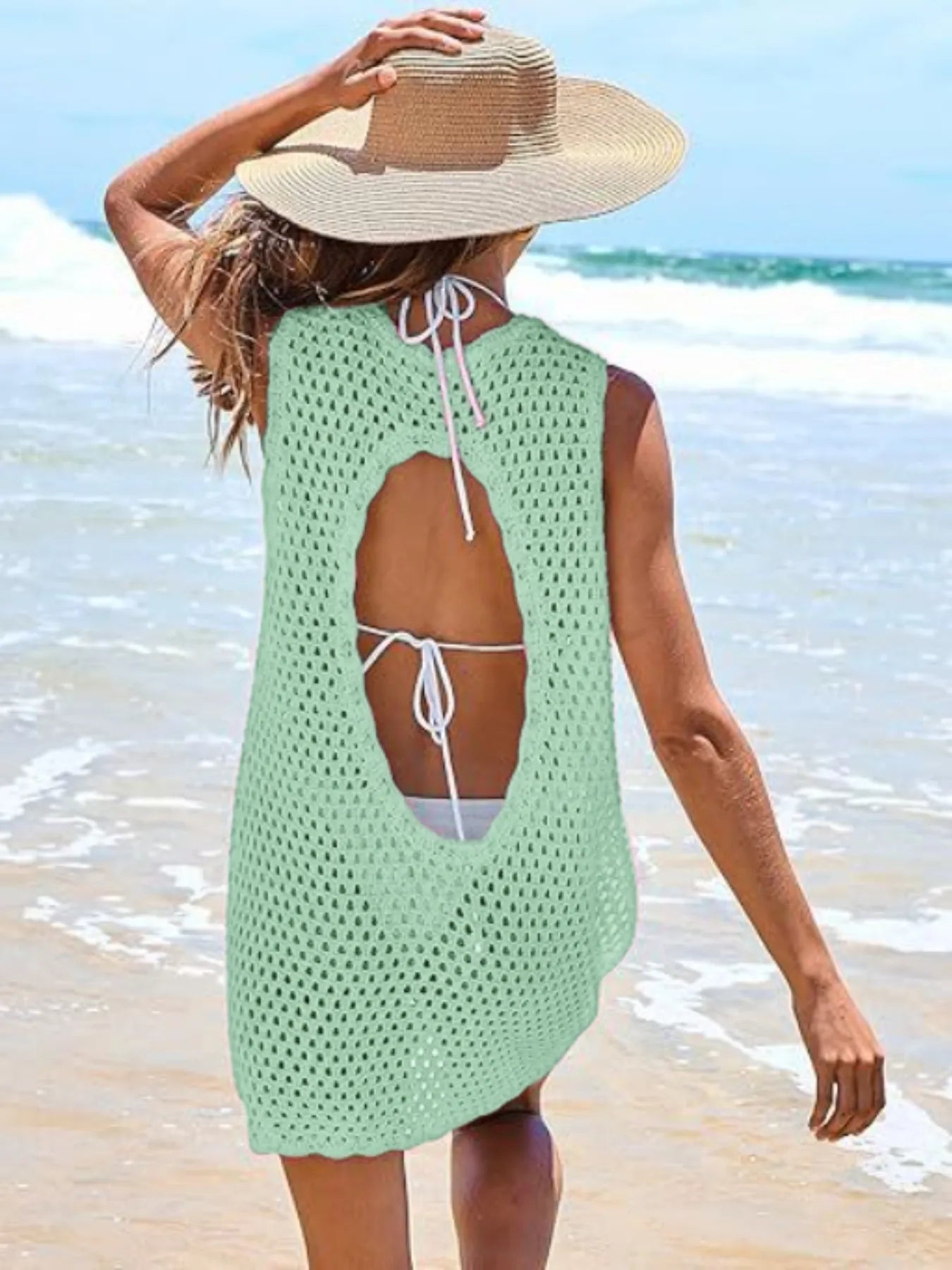 Color Block Openwork Sleeveless Cutout Back Cover-Up.