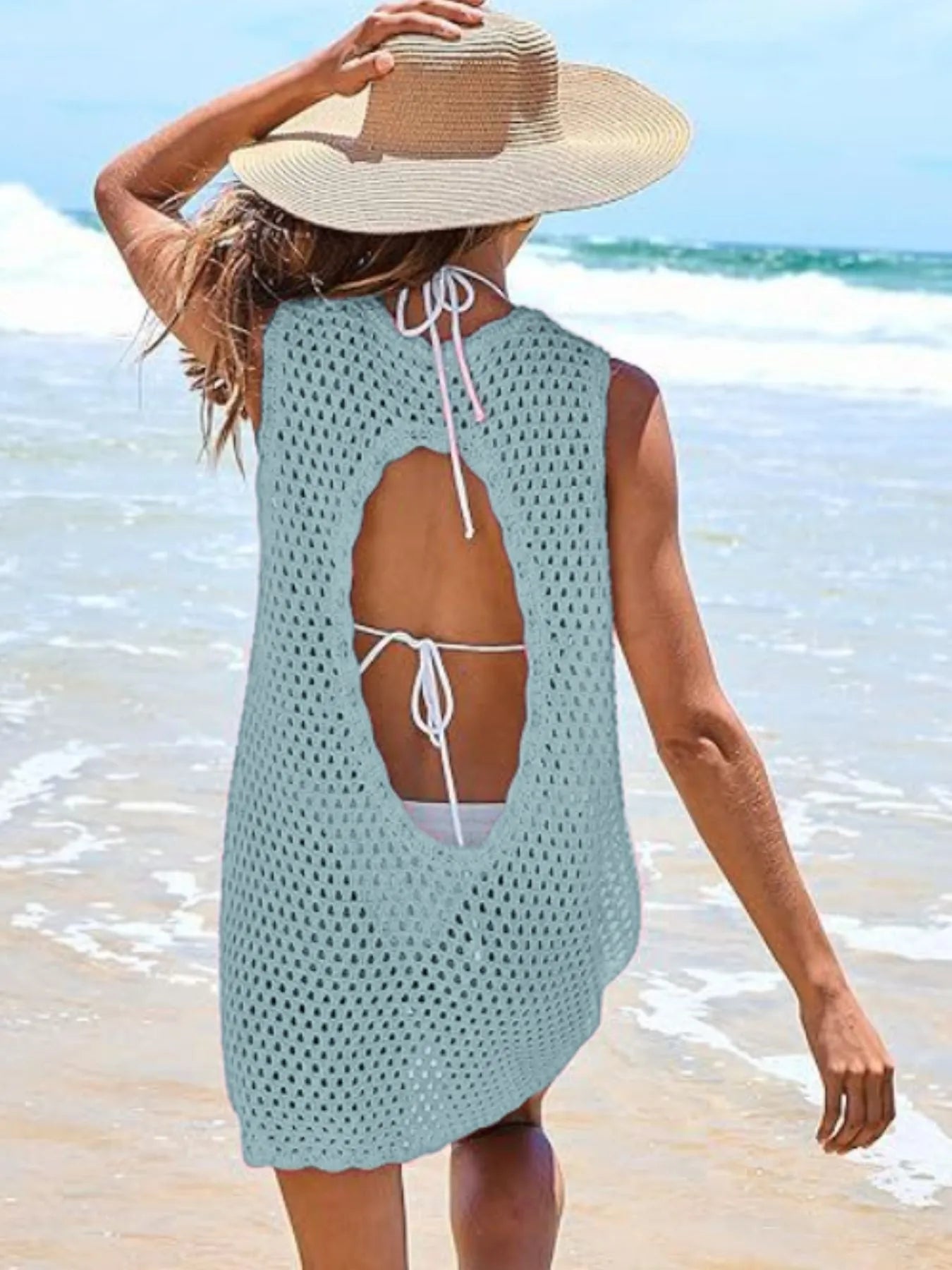 Color Block Openwork Sleeveless Cutout Back Cover-Up.