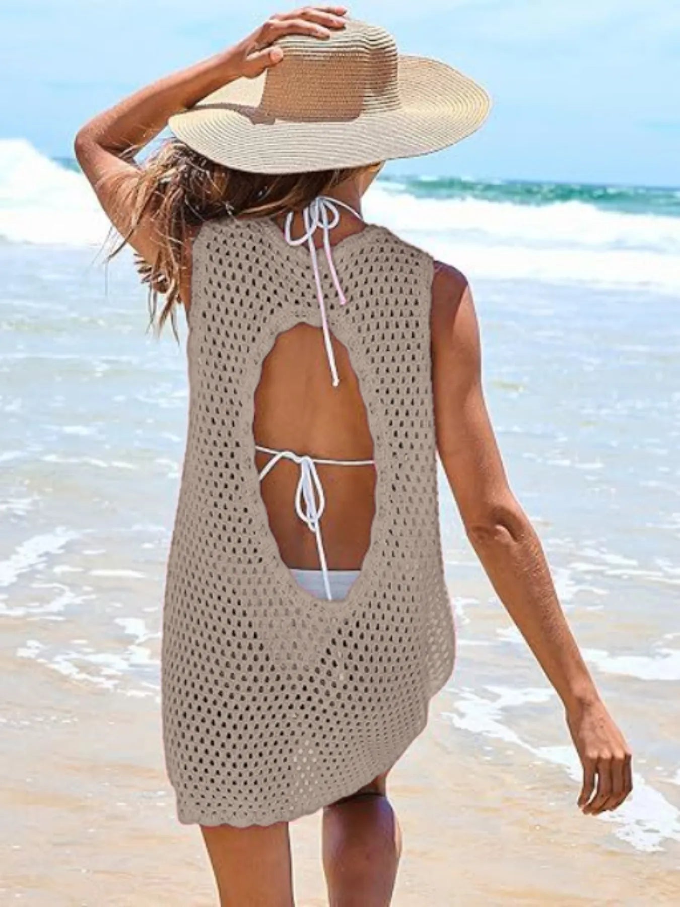 Color Block Openwork Sleeveless Cutout Back Cover-Up.