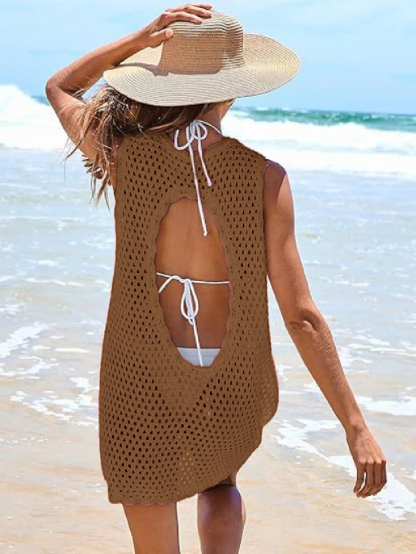 Color Block Openwork Sleeveless Cutout Back Cover-Up.