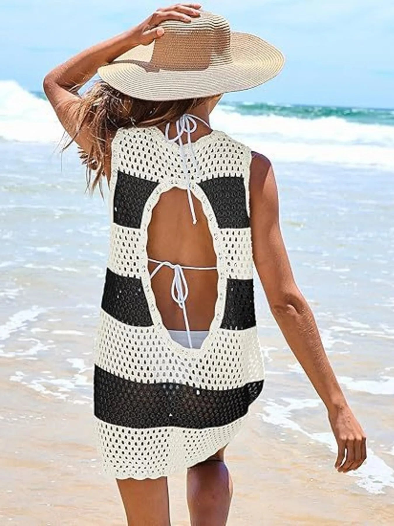 Color Block Openwork Sleeveless Cutout Back Cover-Up.