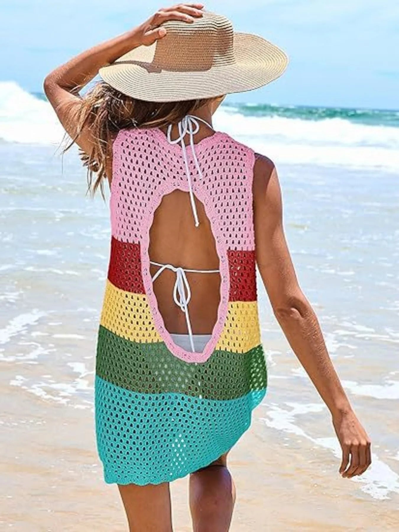 Color Block Openwork Sleeveless Cutout Back Cover-Up.