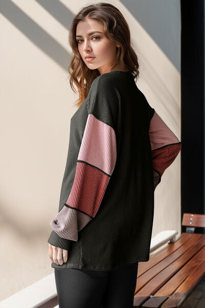 Color Block Round Neck Long Sleeve T-Shirt