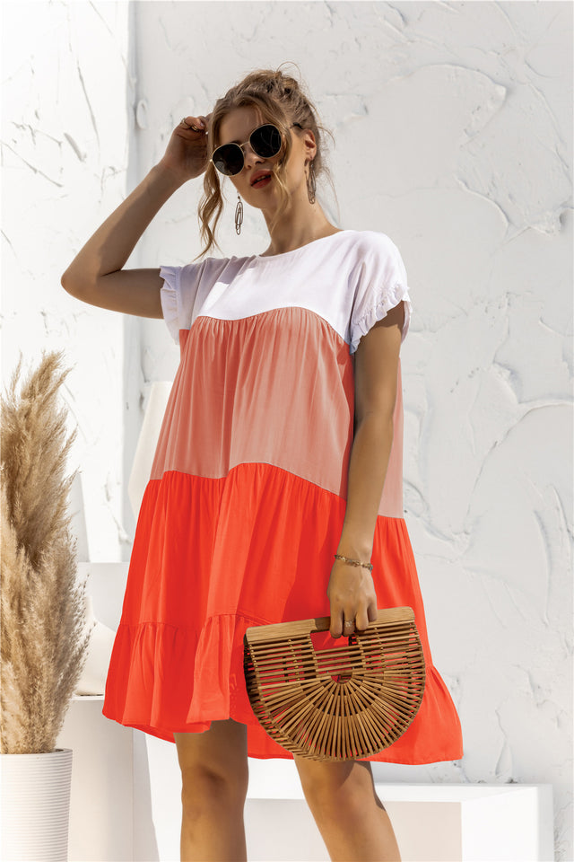 Color Block Round Neck Ruffle Hem Dress.