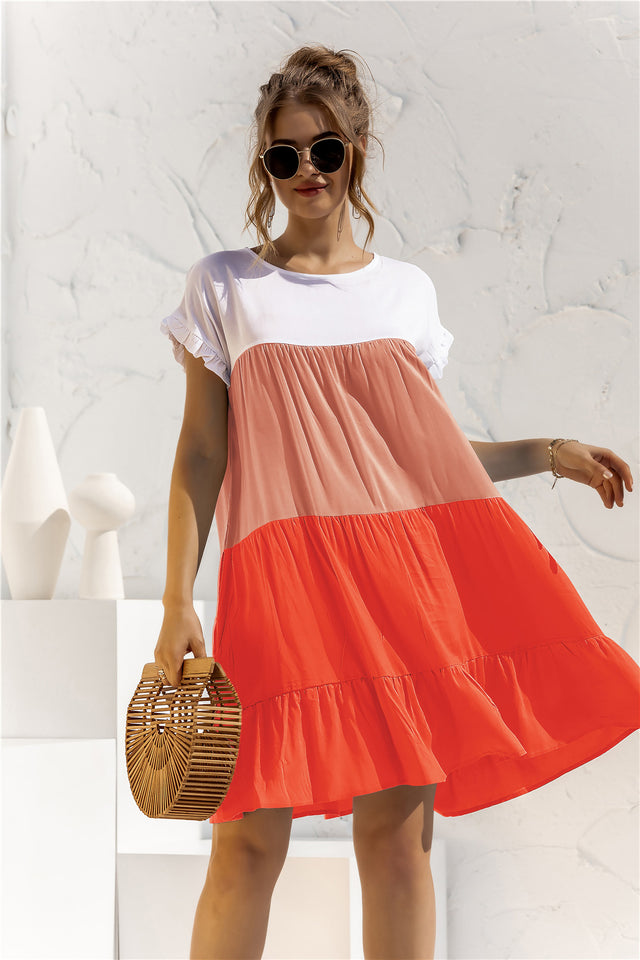 Color Block Round Neck Ruffle Hem Dress.