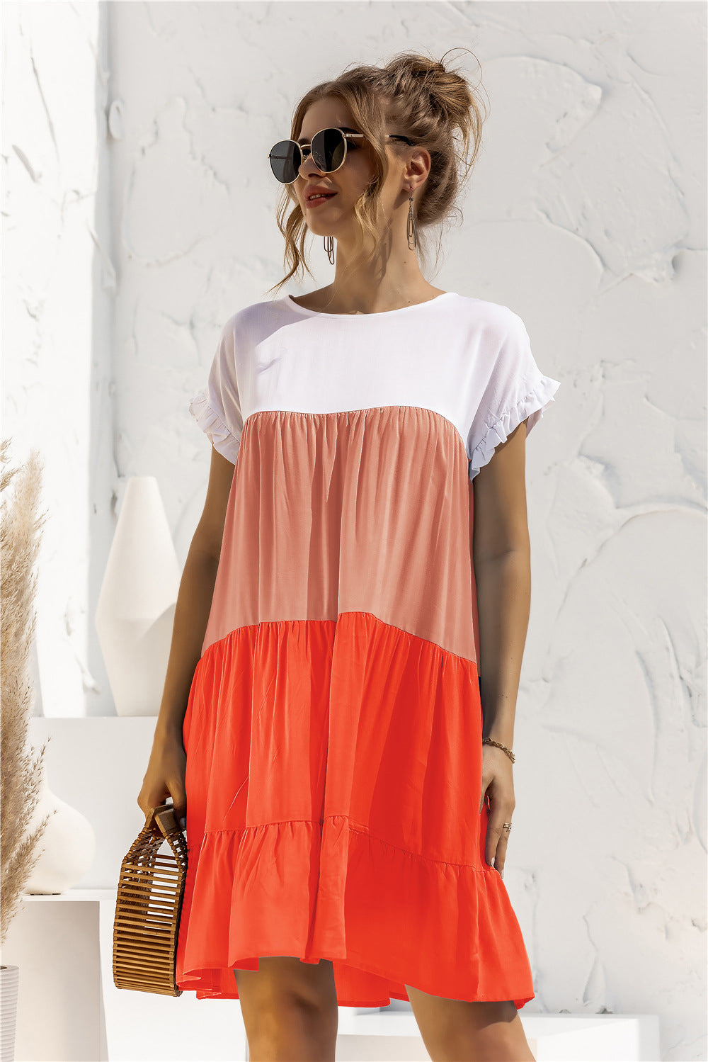 Color Block Round Neck Ruffle Hem Dress.