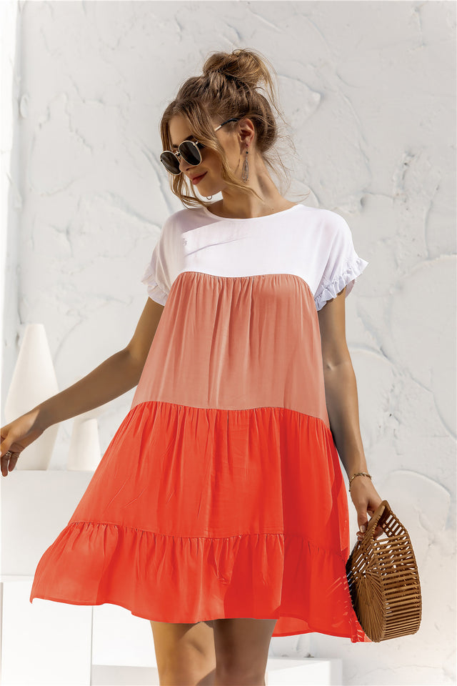 Color Block Round Neck Ruffle Hem Dress.