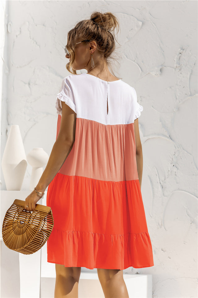 Color Block Round Neck Ruffle Hem Dress.