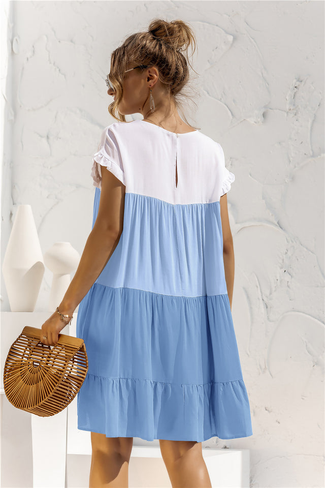 Color Block Round Neck Ruffle Hem Dress.