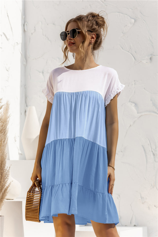Color Block Round Neck Ruffle Hem Dress.