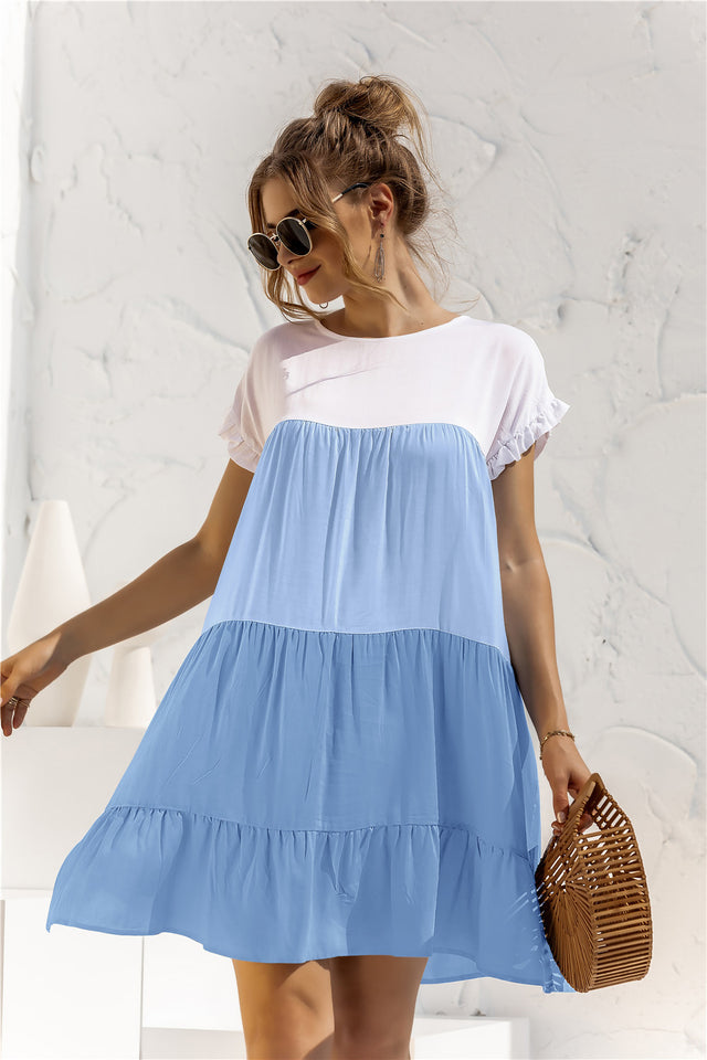 Color Block Round Neck Ruffle Hem Dress.
