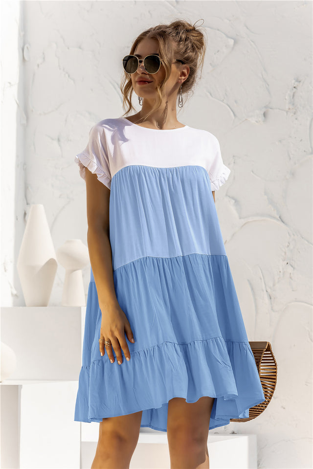 Color Block Round Neck Ruffle Hem Dress.