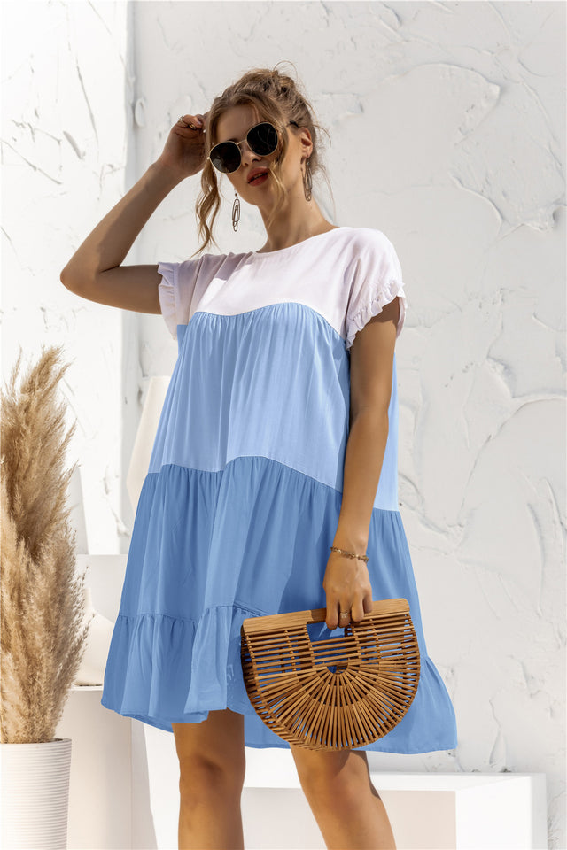 Color Block Round Neck Ruffle Hem Dress.