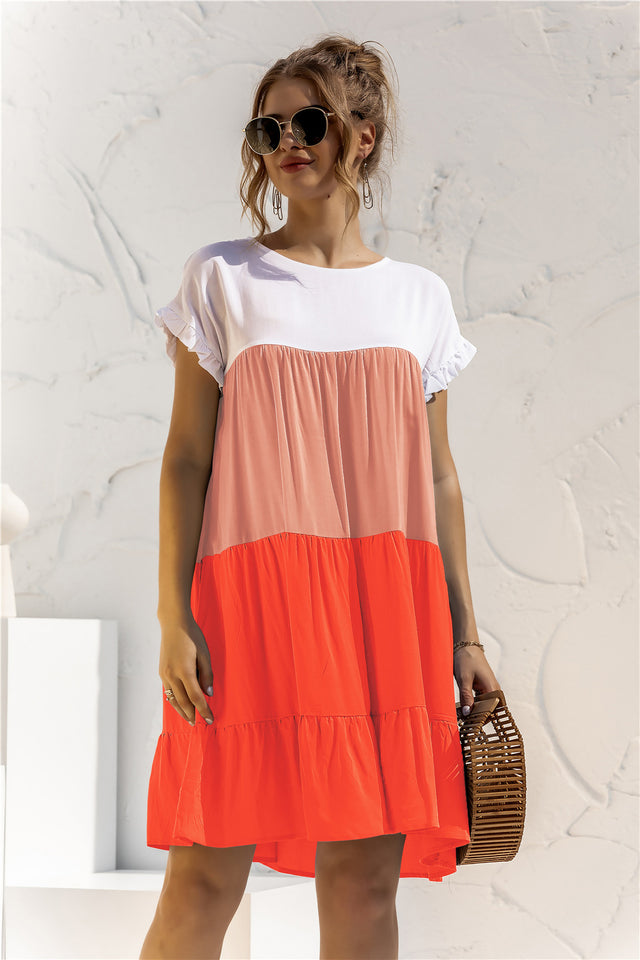 Color Block Round Neck Ruffle Hem Dress.