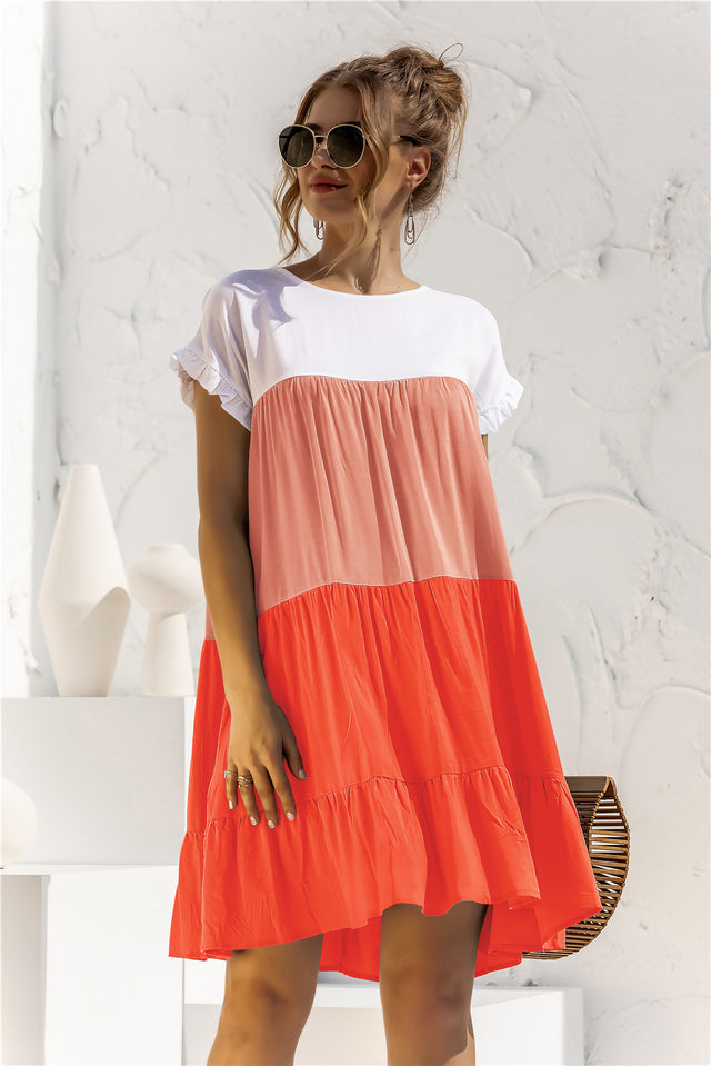 Color Block Round Neck Ruffle Hem Dress.